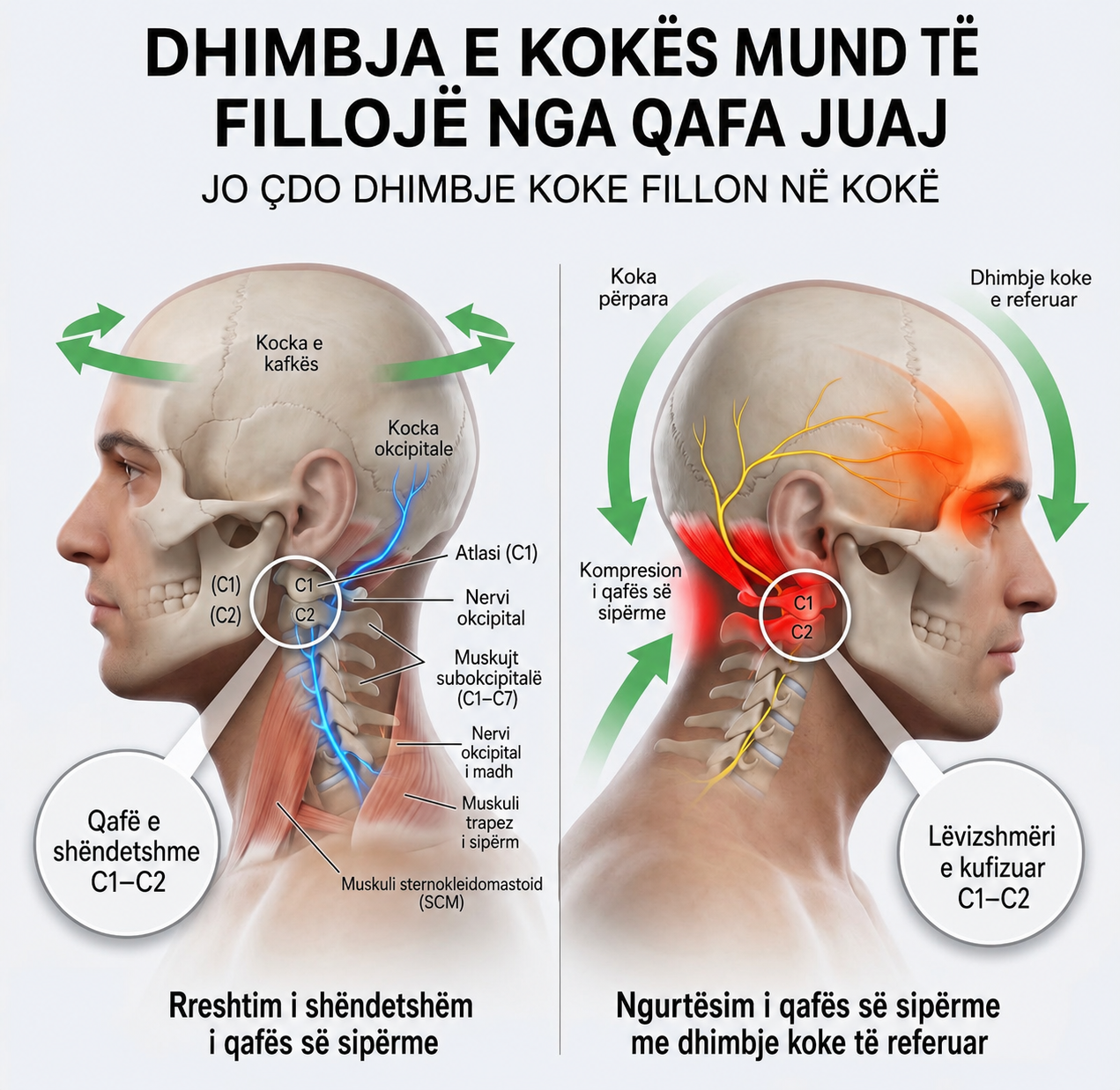 Infografikë: dhimbja e kokës mund të fillojë nga qafa — lidhja C1-C2 me nervin okcipital